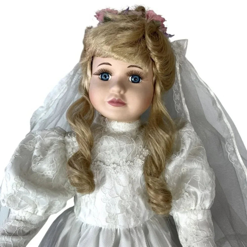 Vintage Porcelain Bride Doll Victorian Wedding Gown Blond Hair Bridal Doll 23 in